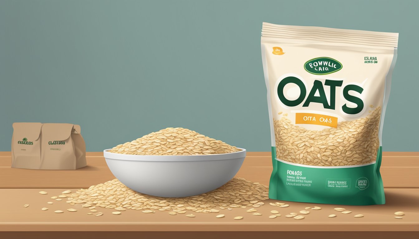 A bowl of expired rolled oats, with a foul smell and mold growth, sits next to a fresh, unopened bag of oats