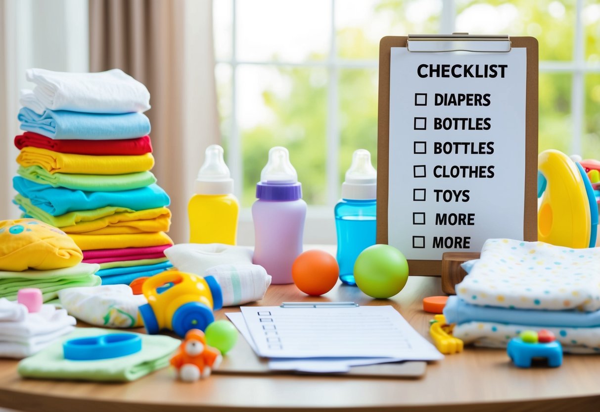 A cluttered table with baby items: diapers, bottles, clothes, toys, and more. A checklist with 100 items crossed off