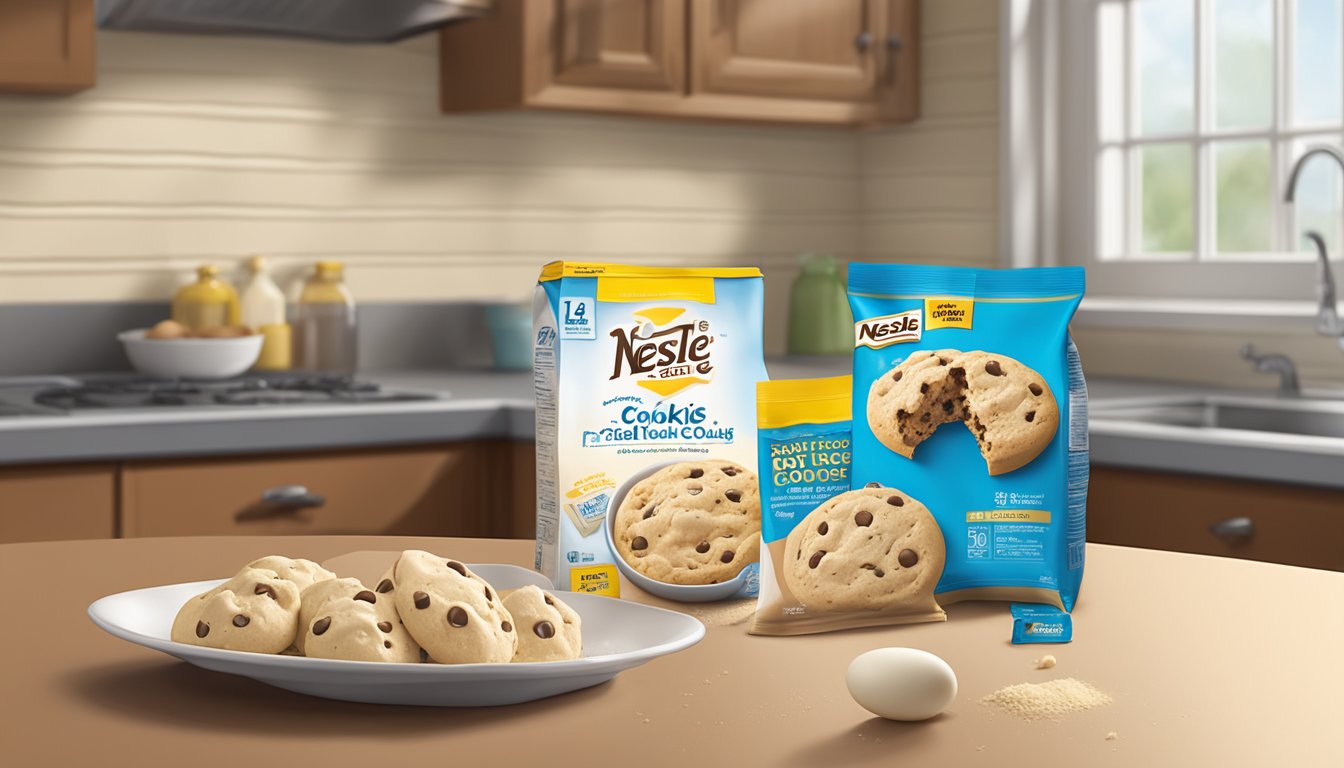 A bowl of raw Nestlé Toll House cookie dough sits next to a carton of pasteurized eggs and a bottle of heat-treated flour on a clean kitchen counter