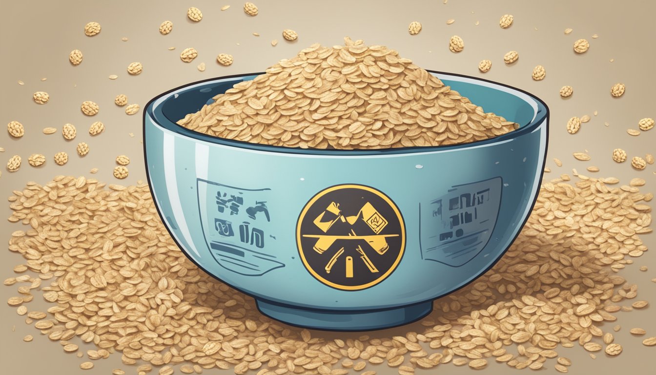 A bowl of expired rolled oats with a moldy appearance, surrounded by warning symbols and a caution sign