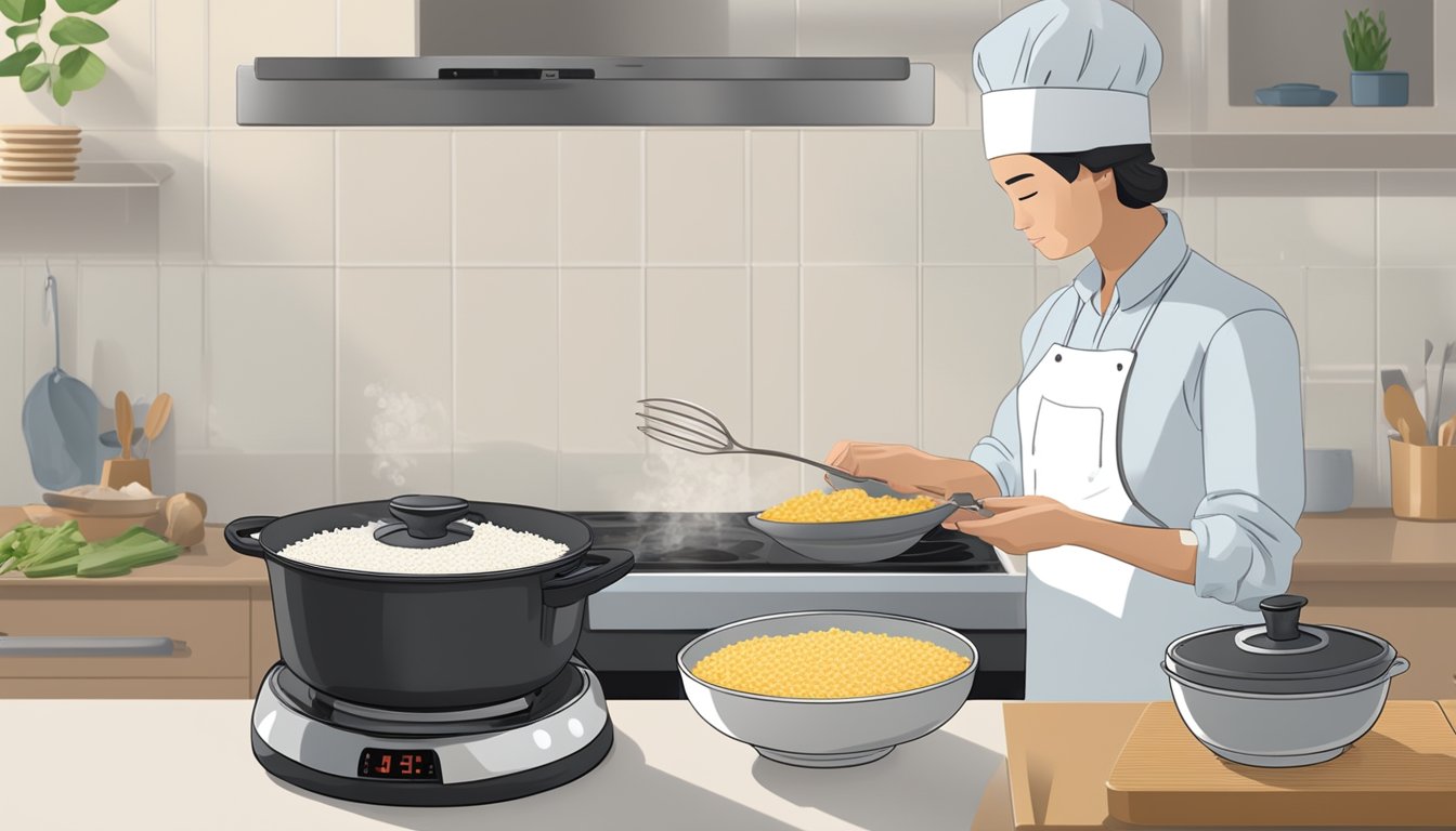 A pot of lundberg rice boiling on the stove, a timer set, and a person checking the rice with a fork