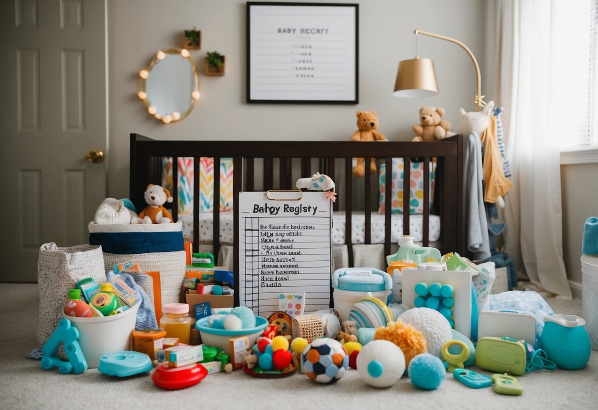A cluttered nursery with an overflowing baby registry list, filled with various lifestyle, space, and special needs items