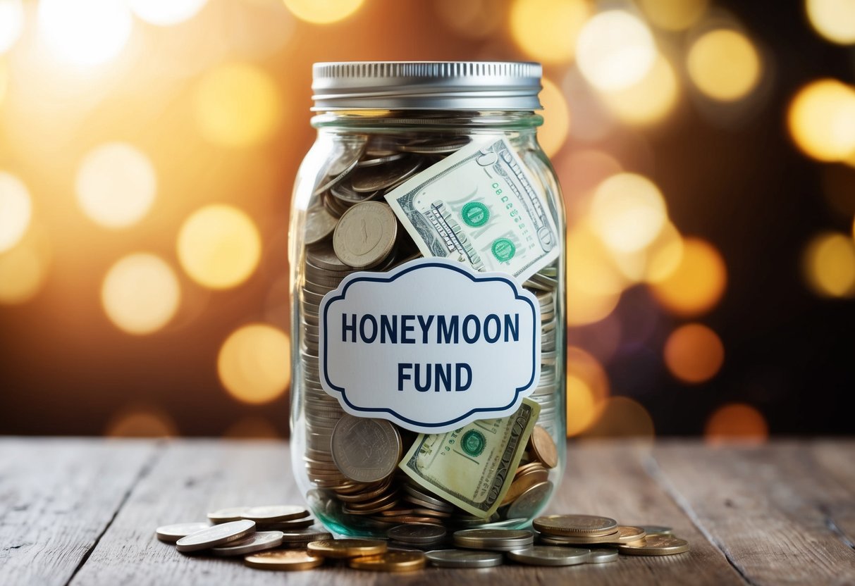 A colorful honeymoon fund jar overflowing with cash and coins