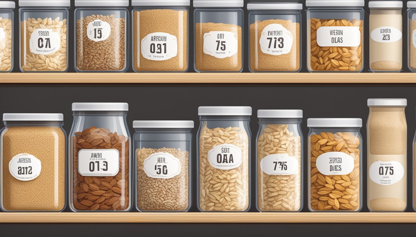 A pantry shelf with airtight containers of oats, labeled with expiration dates