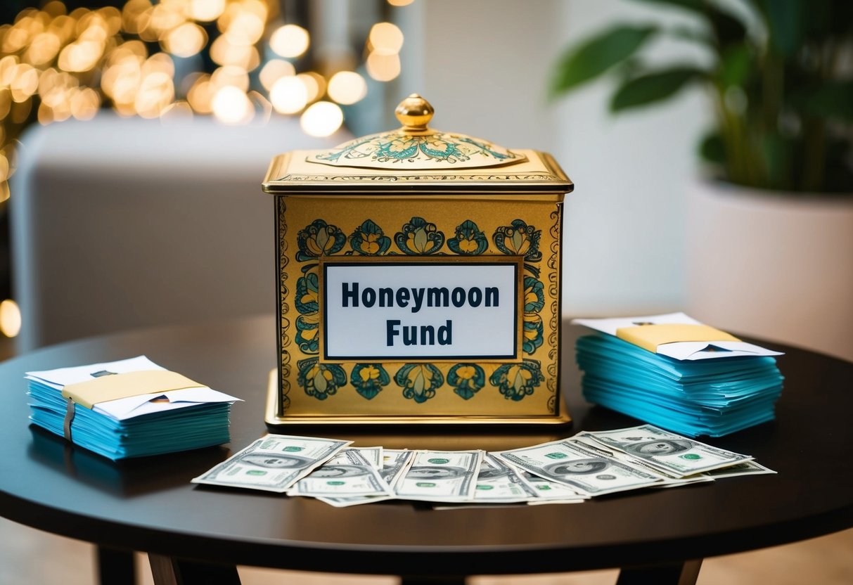 A table with a decorative box labeled "Honeymoon Fund" surrounded by envelopes and a stack of cash