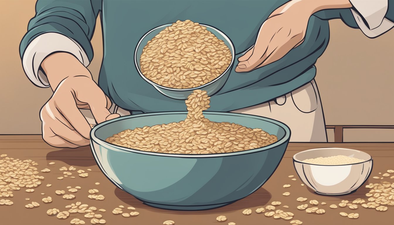 A person pouring expired rolled oats into a bowl with a concerned expression on their face. The oats appear clumpy and discolored