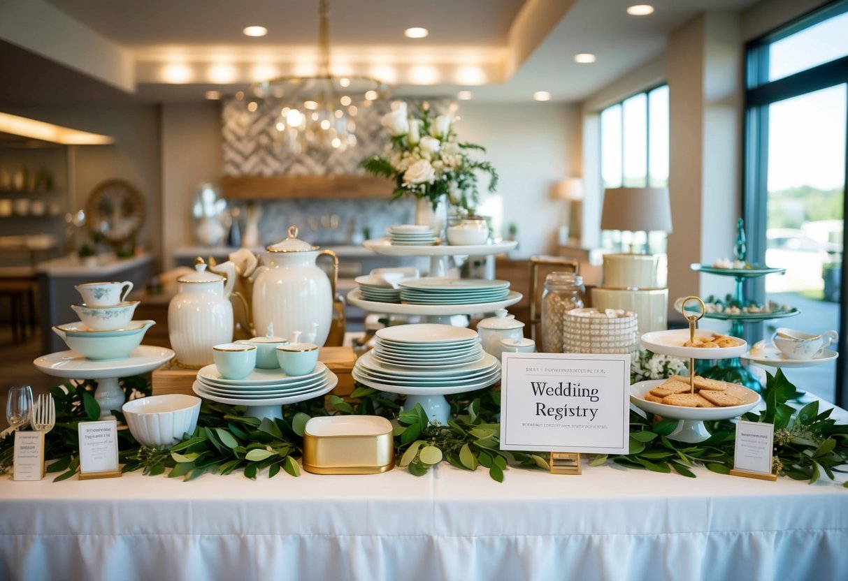 A table with a beautifully arranged display of kitchenware, home decor, and other items, with a sign indicating it's a wedding registry