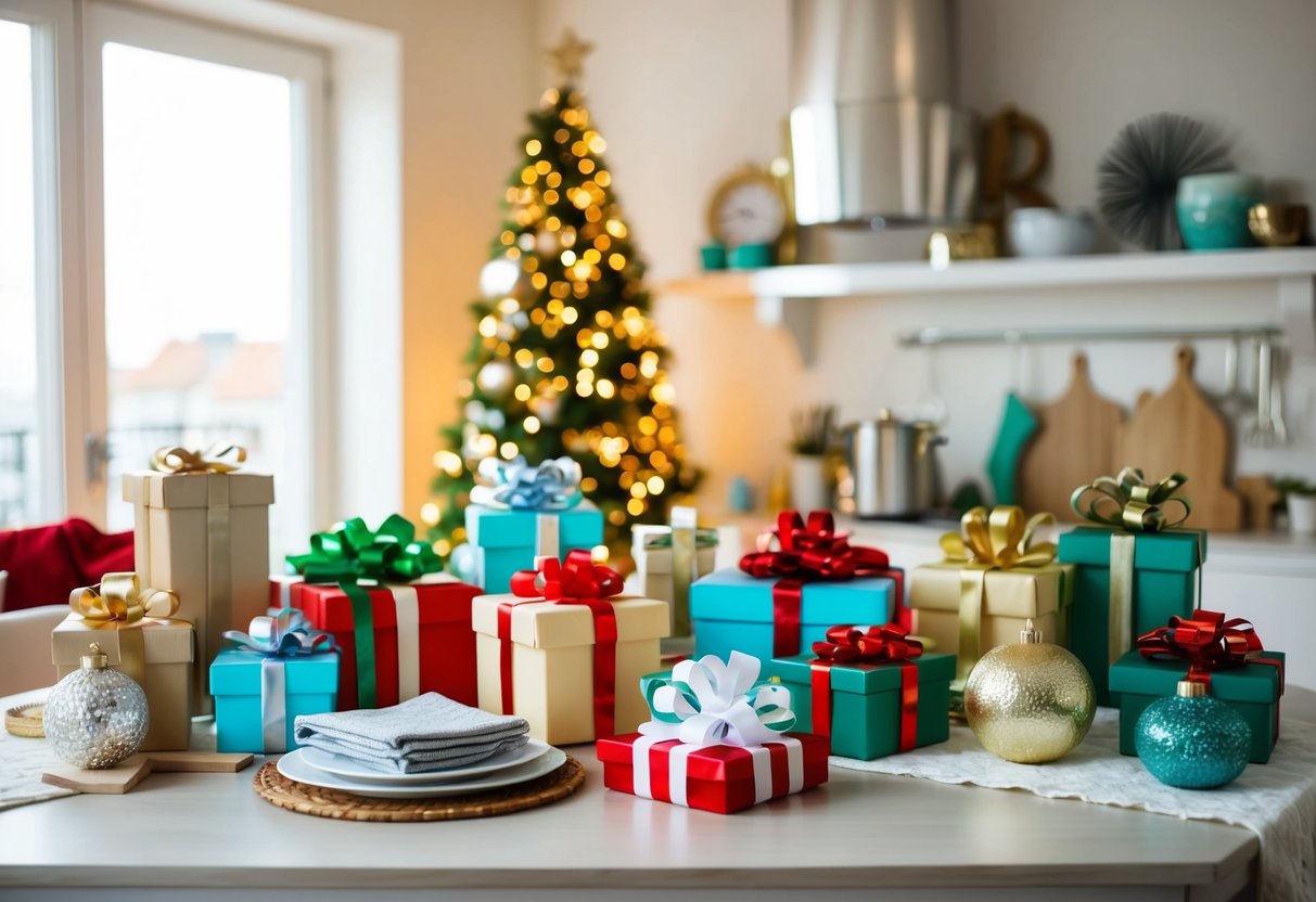 A beautifully decorated table with a variety of gifts, such as kitchenware, linens, and home decor items arranged neatly