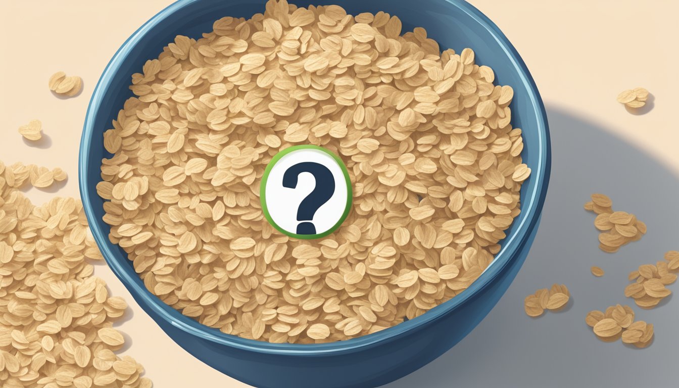 A bowl of expired rolled oats with a visible expiration date, next to a question mark