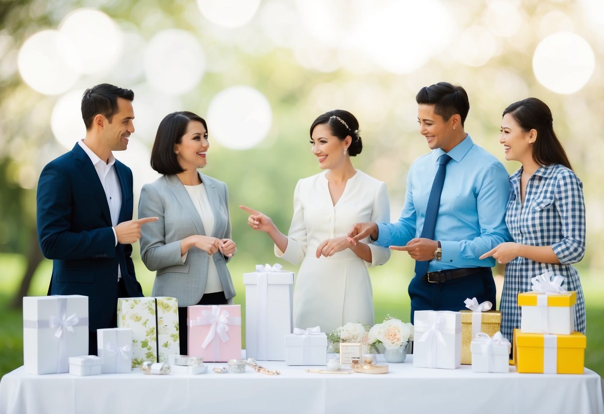 A table with wedding registry items displayed, surrounded by happy couples discussing and pointing at various gifts