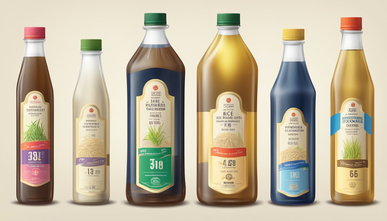 A variety of rice vinegar bottles with different expiration dates displayed on the labels, some bottles are opened and partially used