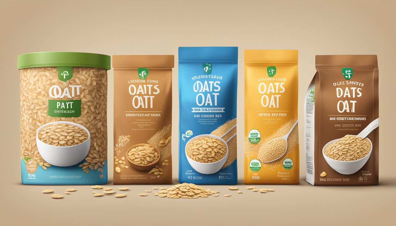 A variety of oats in different packaging, some with expiration dates, and a bowl of cooked oats with a question mark above it