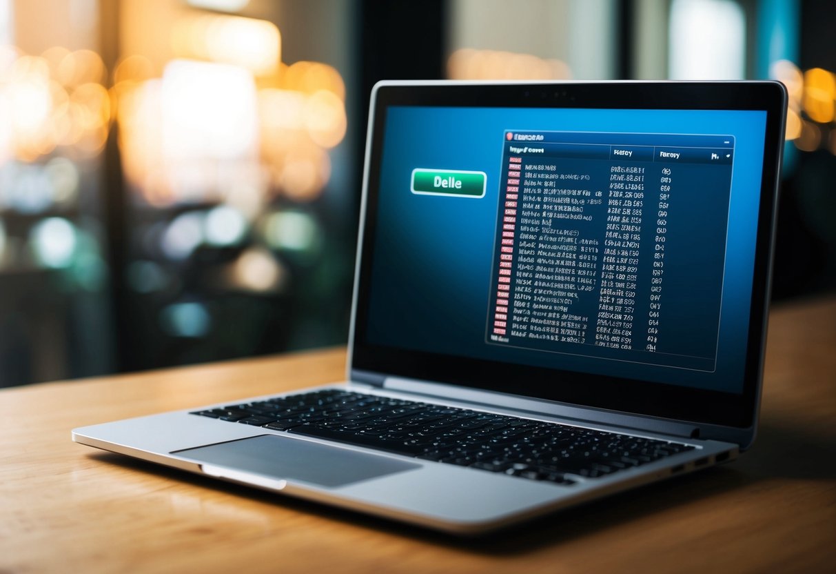A laptop with a registry list on the screen, a delete button highlighted