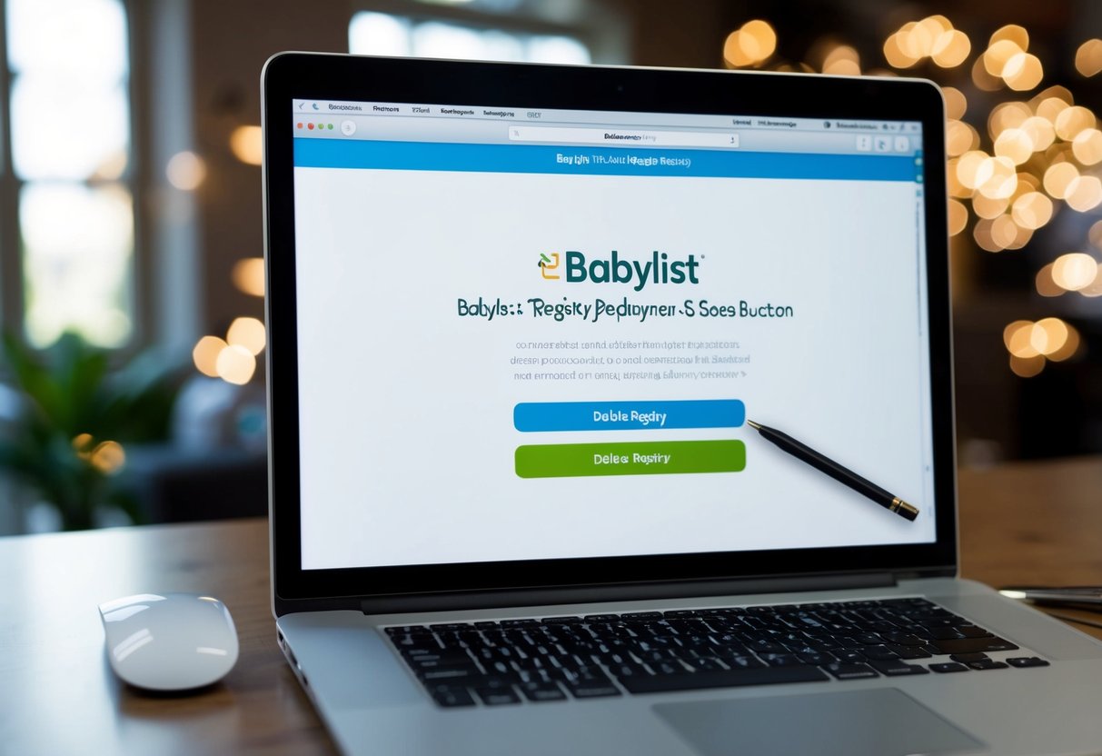 A computer screen displays a Babylist Registry homepage with a cursor hovering over the "Delete Registry" button