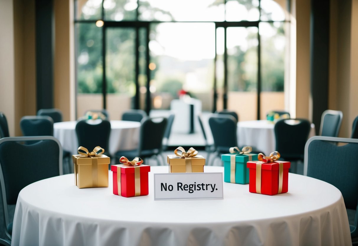 A bare gift table with no presents, surrounded by empty chairs and a sign indicating "No Registry."