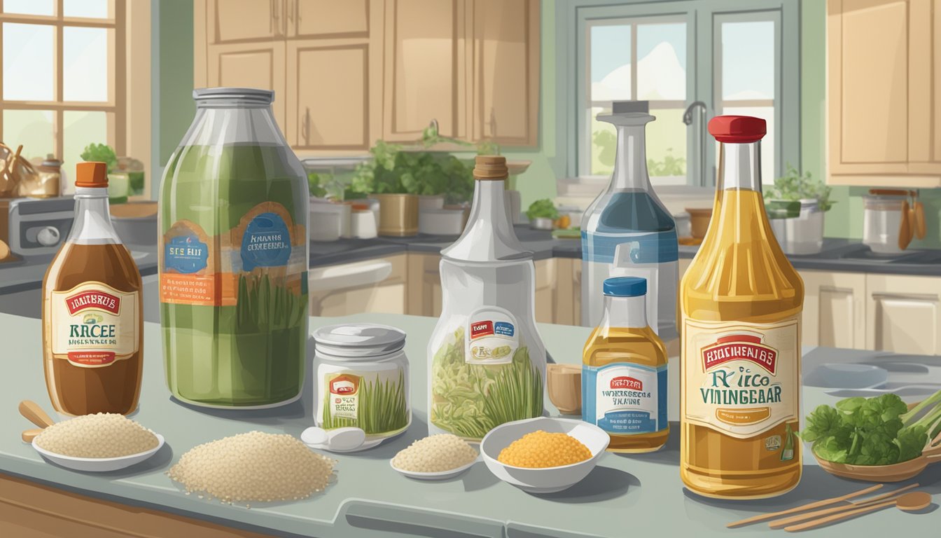 A bottle of rice vinegar sits on a kitchen counter, surrounded by various cooking utensils and ingredients. The label on the bottle shows an expiration date