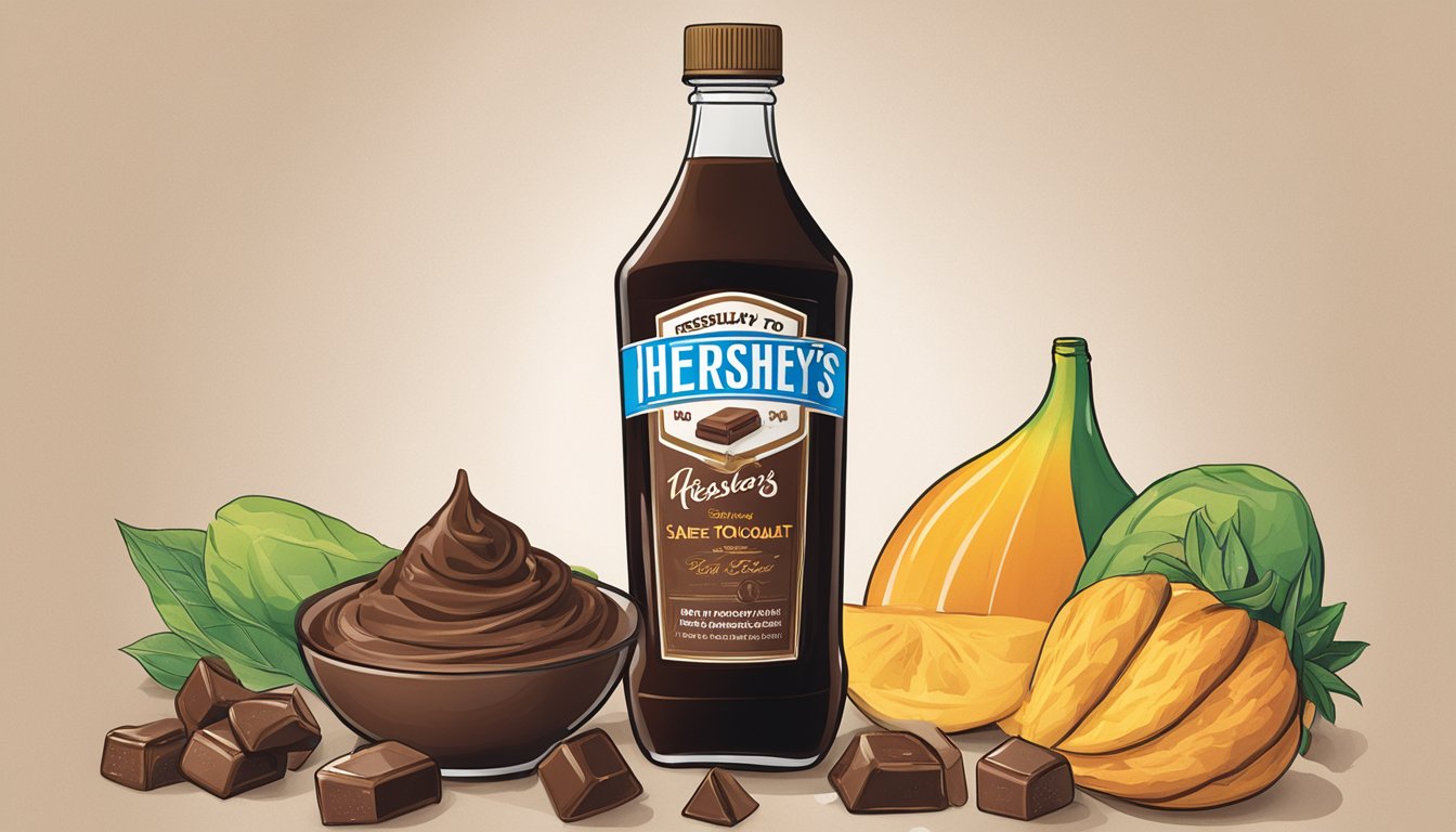 A bottle of Hershey's chocolate syrup with a "safe to eat raw" label, surrounded by various food items