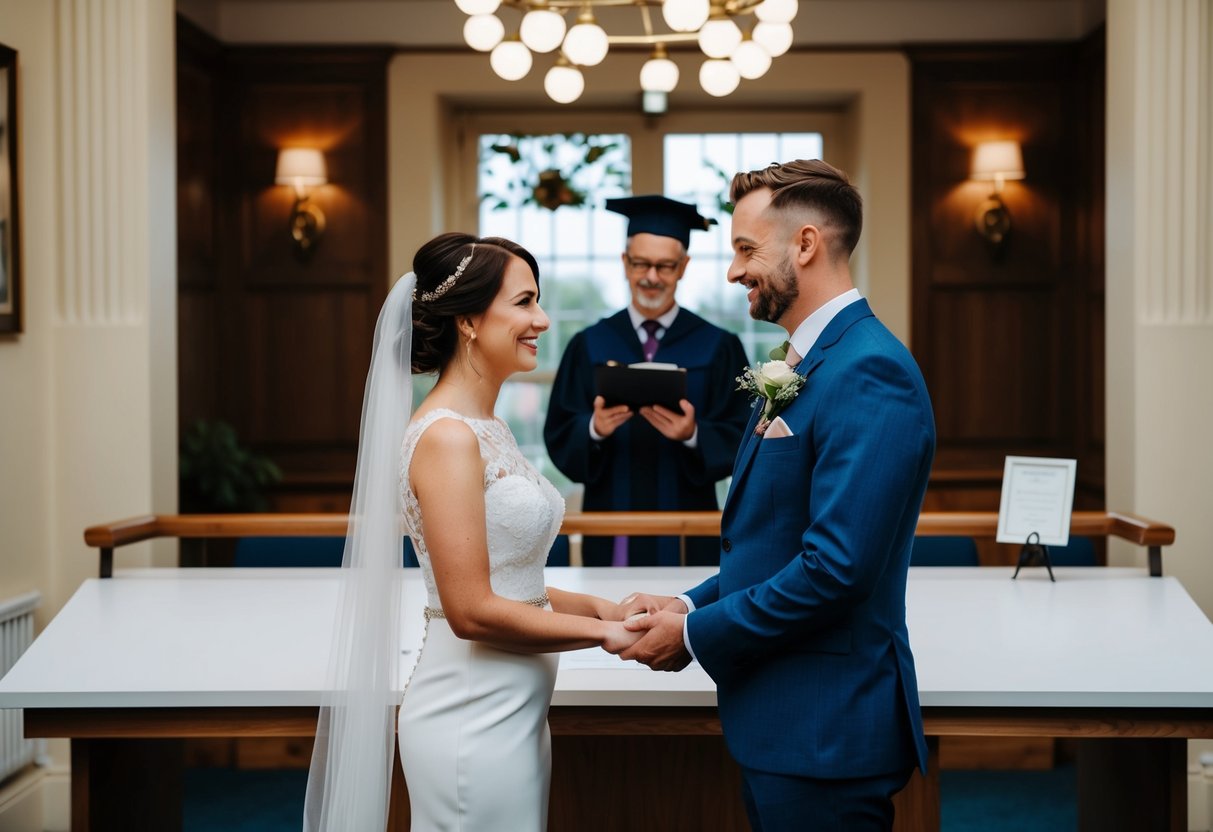 A couple standing at a registry office with a celebrant officiating
