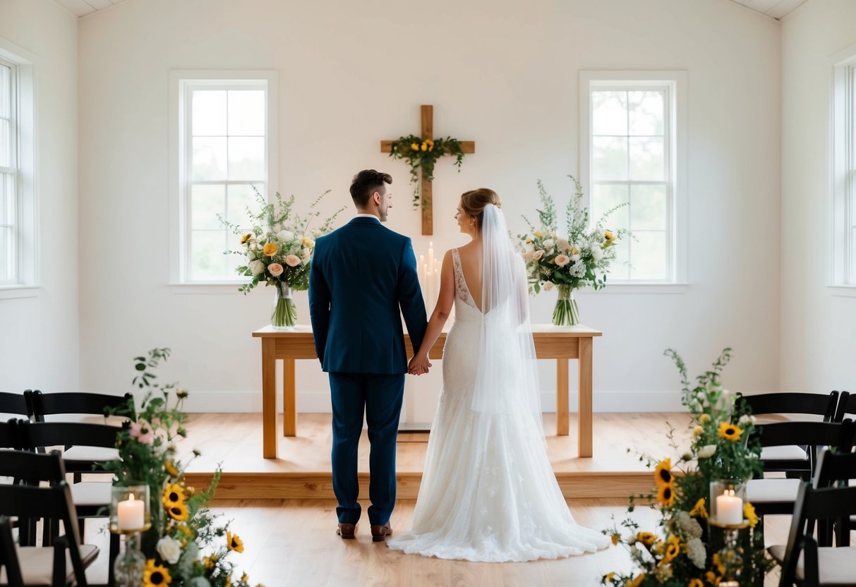A couple stands in front of a simple altar with no gifts in sight. The room is filled with natural light and decorated with wildflowers