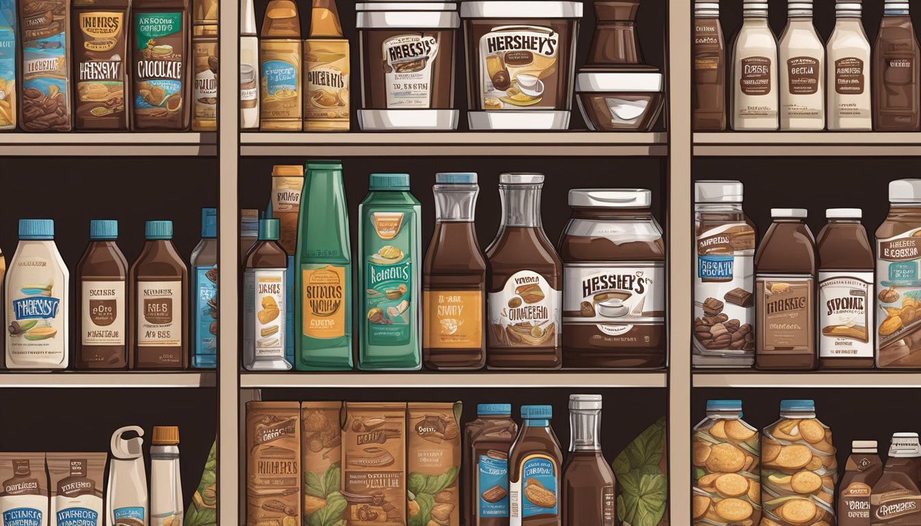 A bottle of Hershey's chocolate syrup sits on a shelf, surrounded by various food items. The label indicates the storage and shelf life information