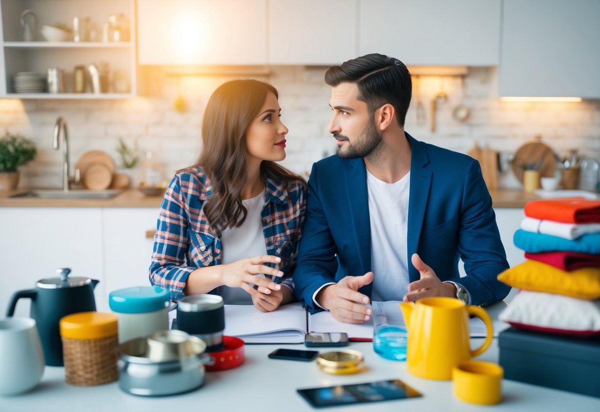 A modern couple surrounded by various household items, questioning the meaning of a registry