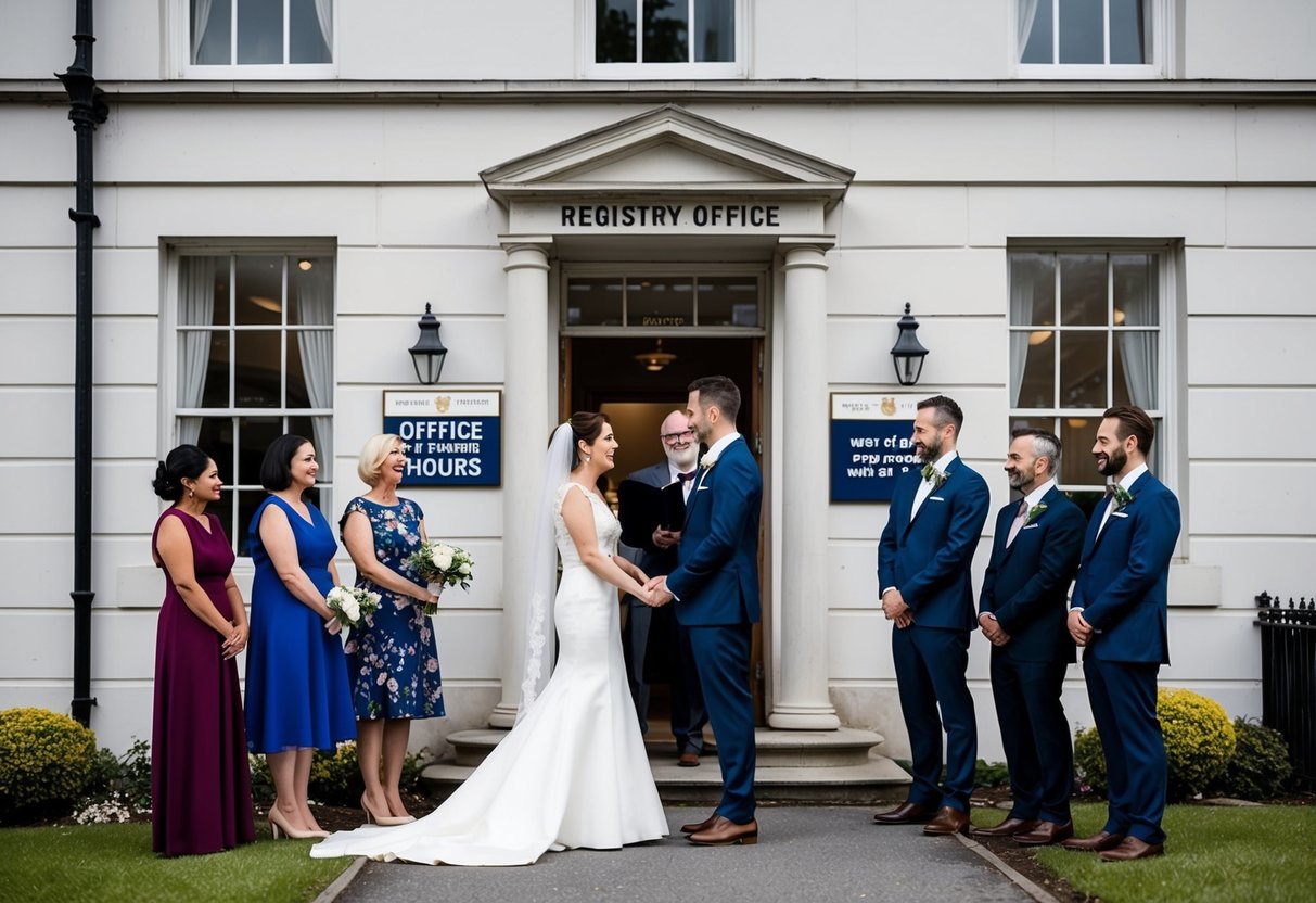 A couple stands in front of a registry office, exchanging vows with a small group of loved ones gathered around them. The building is simple and elegant, with a sign displaying the office hours