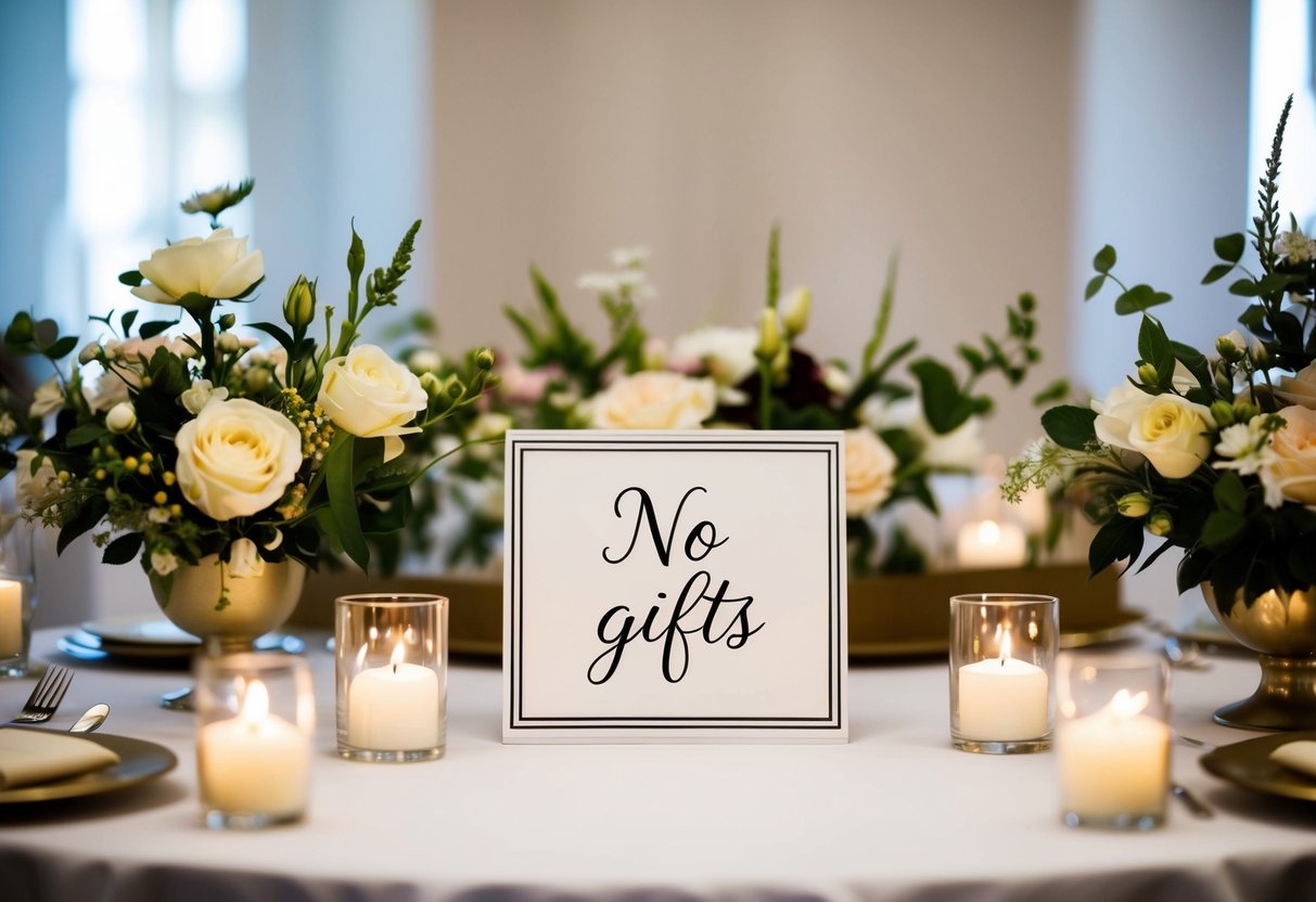 A wedding with no registry: a simple, elegant table with a sign indicating "no gifts" surrounded by flowers and candles