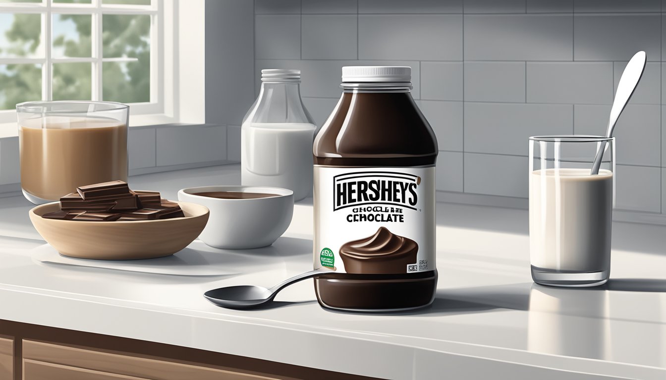 A jar of Hershey's chocolate syrup sits on a clean, white kitchen counter next to a spoon and a glass of milk