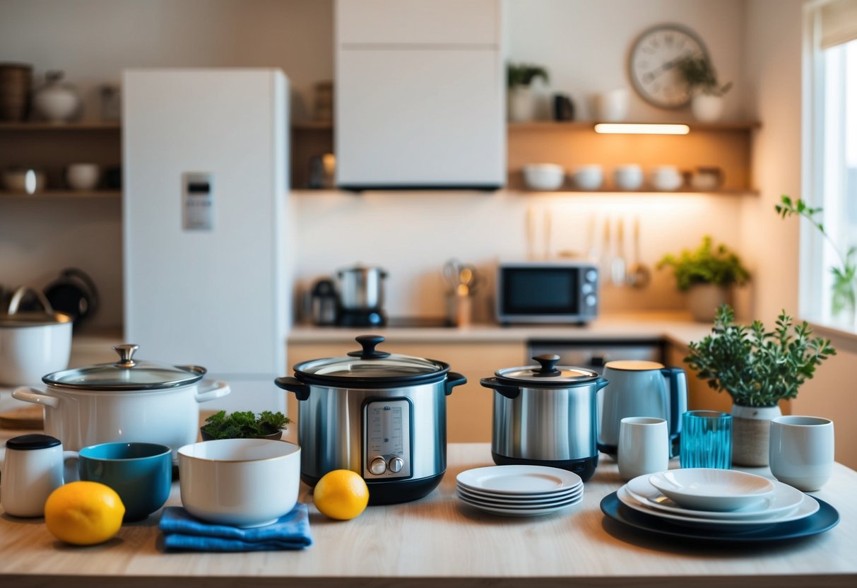A table with various household items like kitchen appliances, dinnerware, and linens displayed