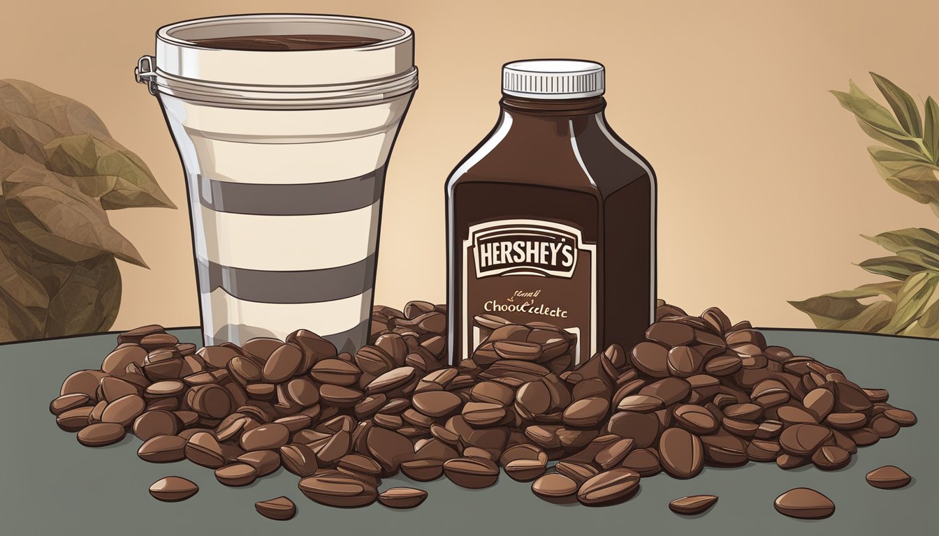 A glass of Hershey's chocolate syrup sits next to a pile of cocoa beans and a recycling bin