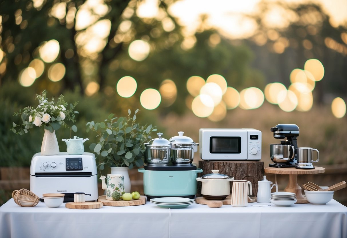 A table with various kitchenware, home appliances, and decor items displayed for a wedding registry