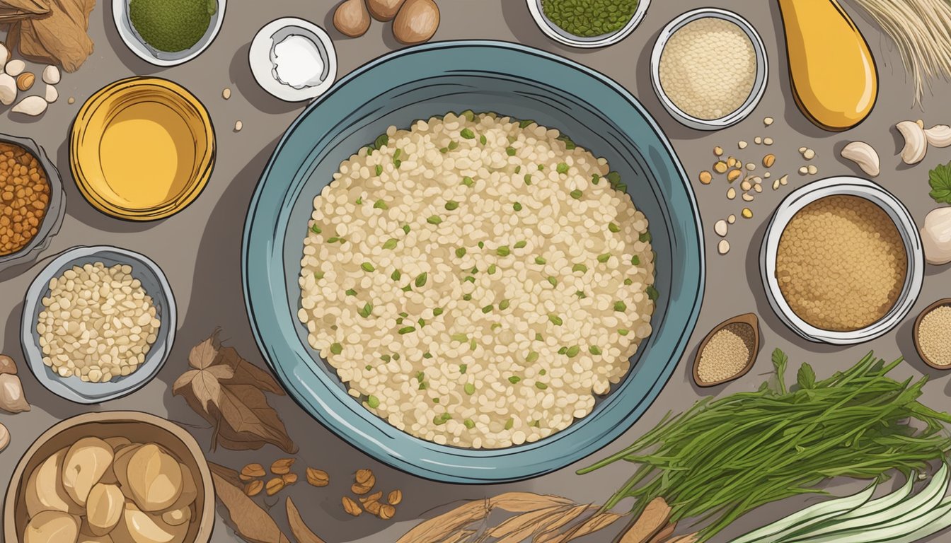 A bowl of expired risotto mix sits on a kitchen counter, surrounded by various ingredients and spices. A question mark hovers above the bowl, indicating uncertainty about its safety