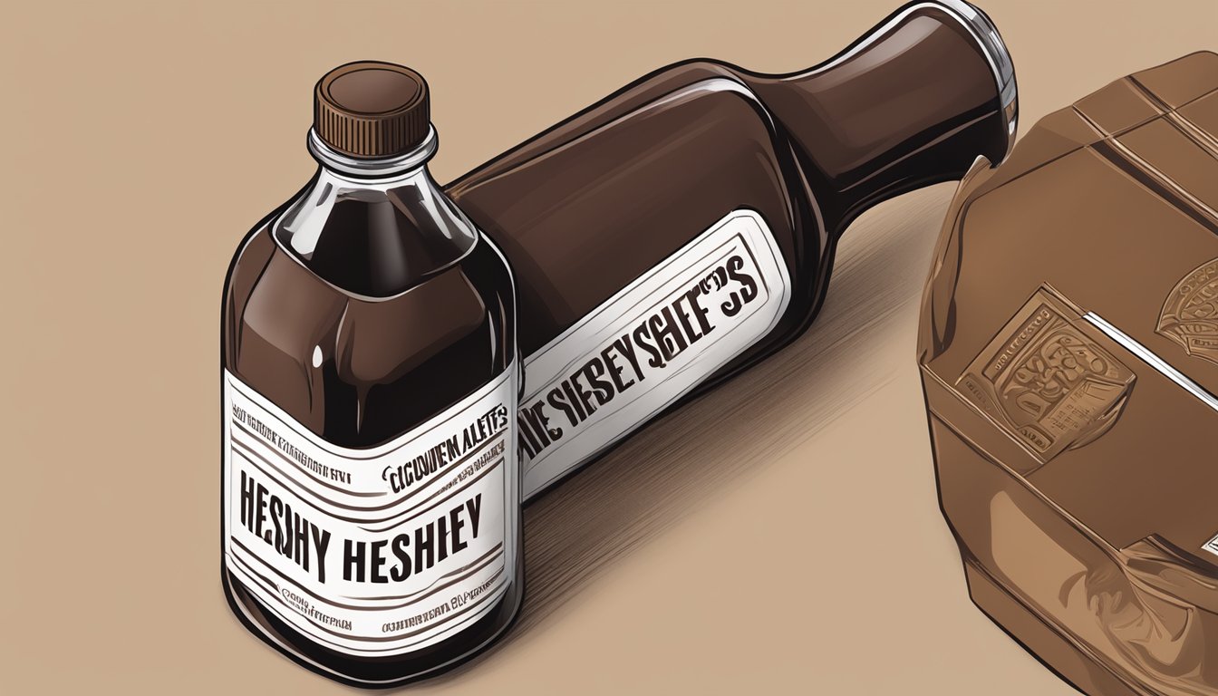 A bottle of Hershey's chocolate syrup with a bold "Consumer Alert" label