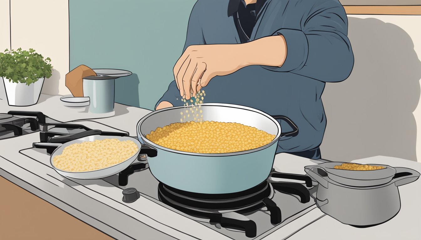 A person pouring expired risotto mix into a pot, heating it on a stovetop, and serving it onto a plate