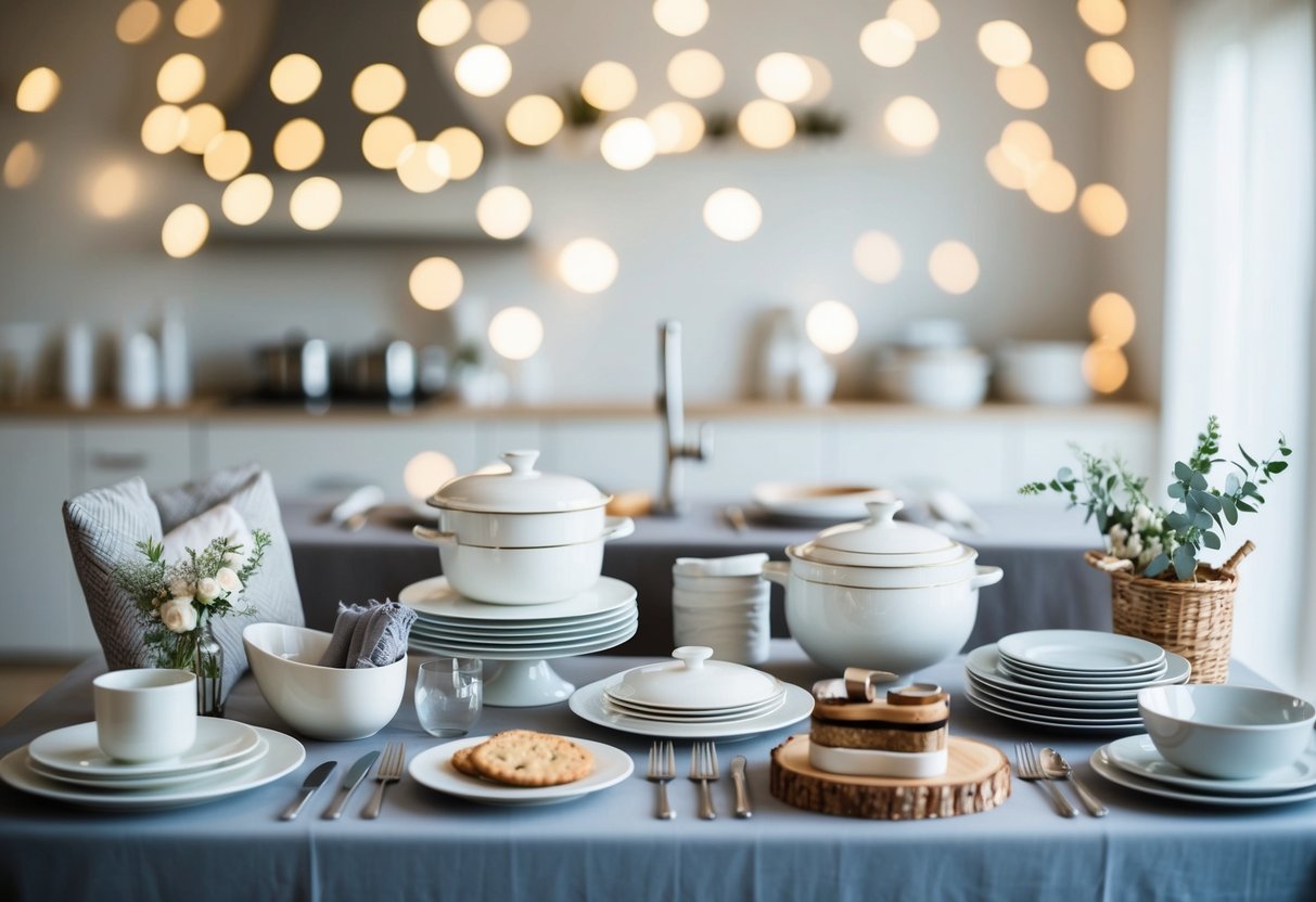 A table with various gift options for a wedding registry, including kitchenware, linens, and decorative items