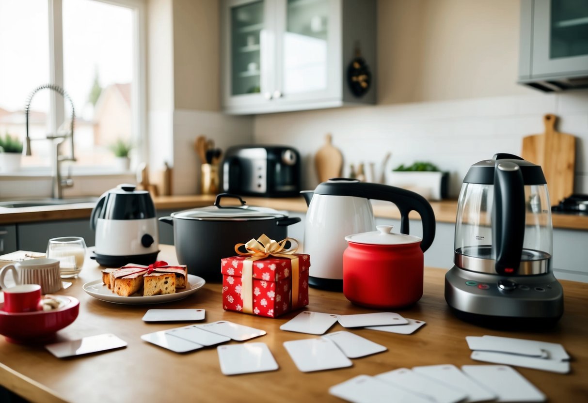 A table filled with kitchen appliances, home decor, and gift cards