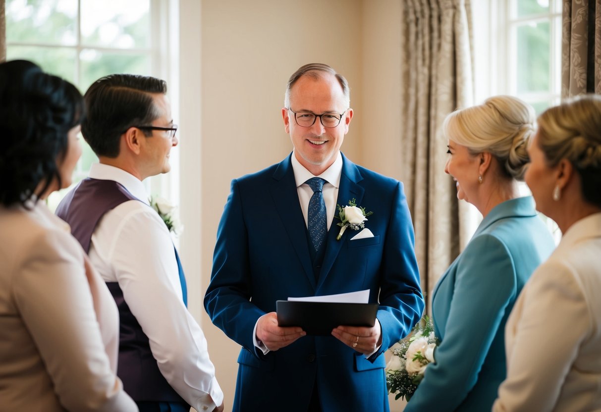 A registrar officiates a home wedding ceremony