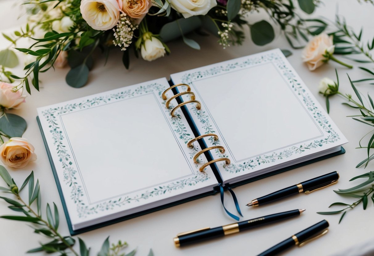 A beautifully decorated wedding registry book with two blank spaces for names, surrounded by elegant calligraphy pens and delicate floral arrangements