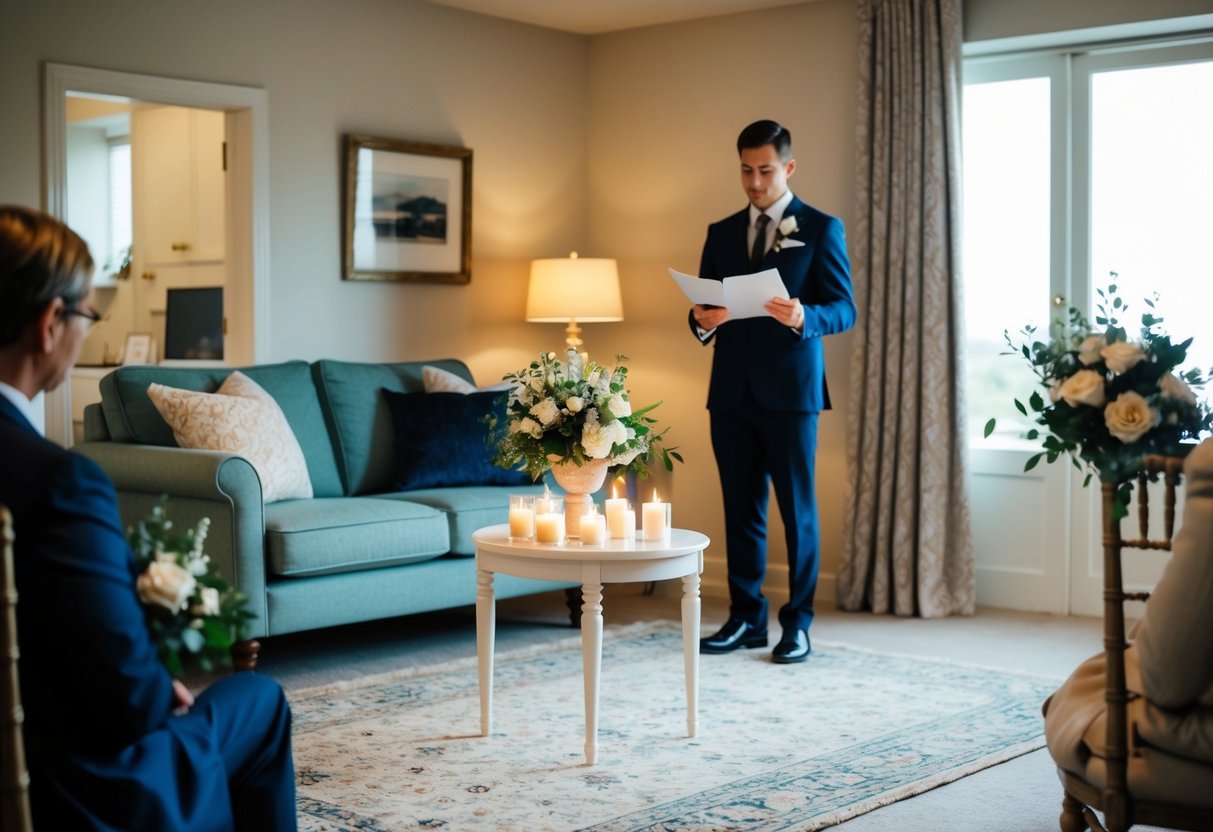 A cozy living room with a small table set for a wedding ceremony, adorned with flowers and candles, as a registrar stands ready to officiate