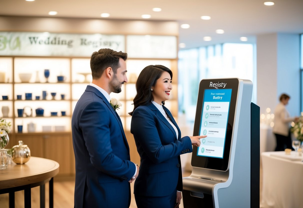 A couple stands in front of a registry kiosk, discussing whose name should go first on their wedding registry. The screen displays various gift options
