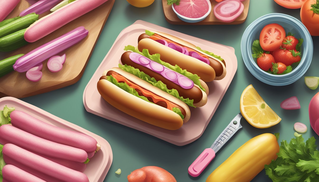 A pack of pink Armour hot dogs sits on a clean, well-lit kitchen counter, surrounded by fresh produce and a digital thermometer