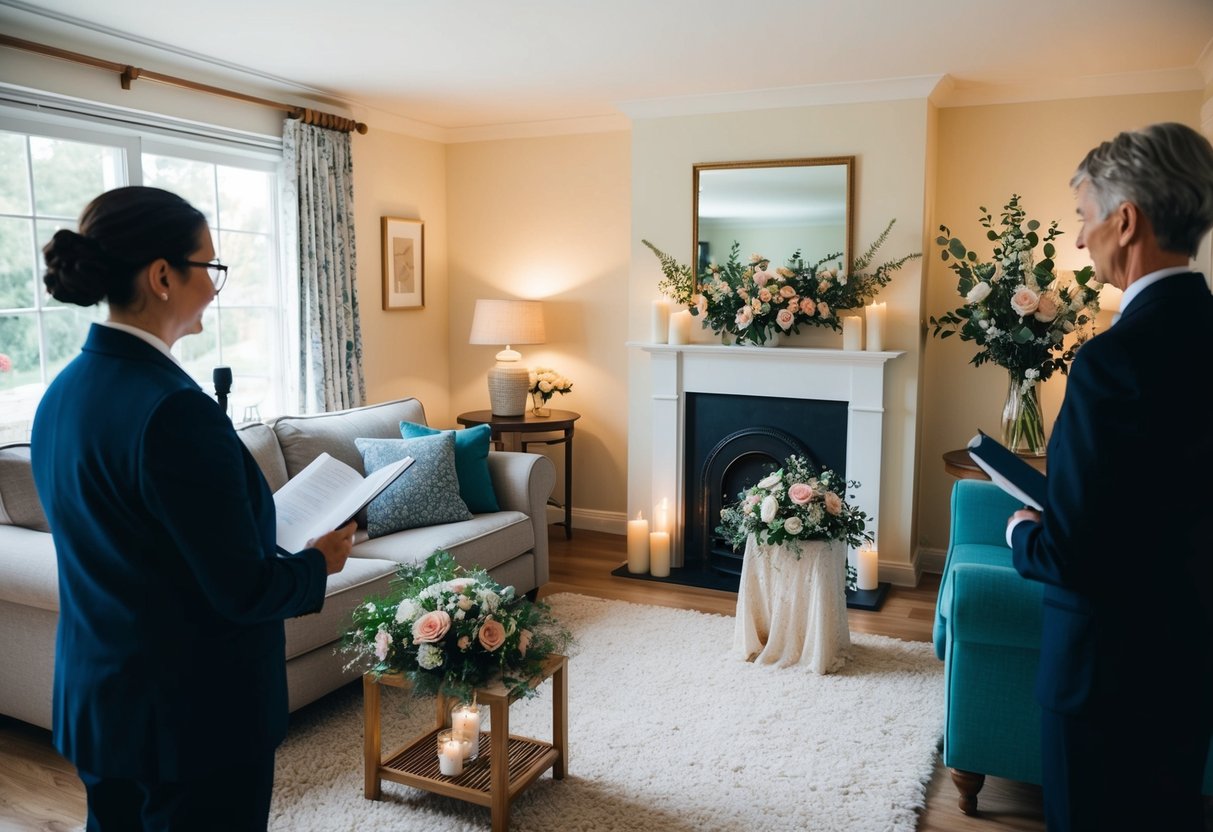 A cozy living room with flowers, candles, and a small altar set up for a home marriage ceremony officiated by a registrar