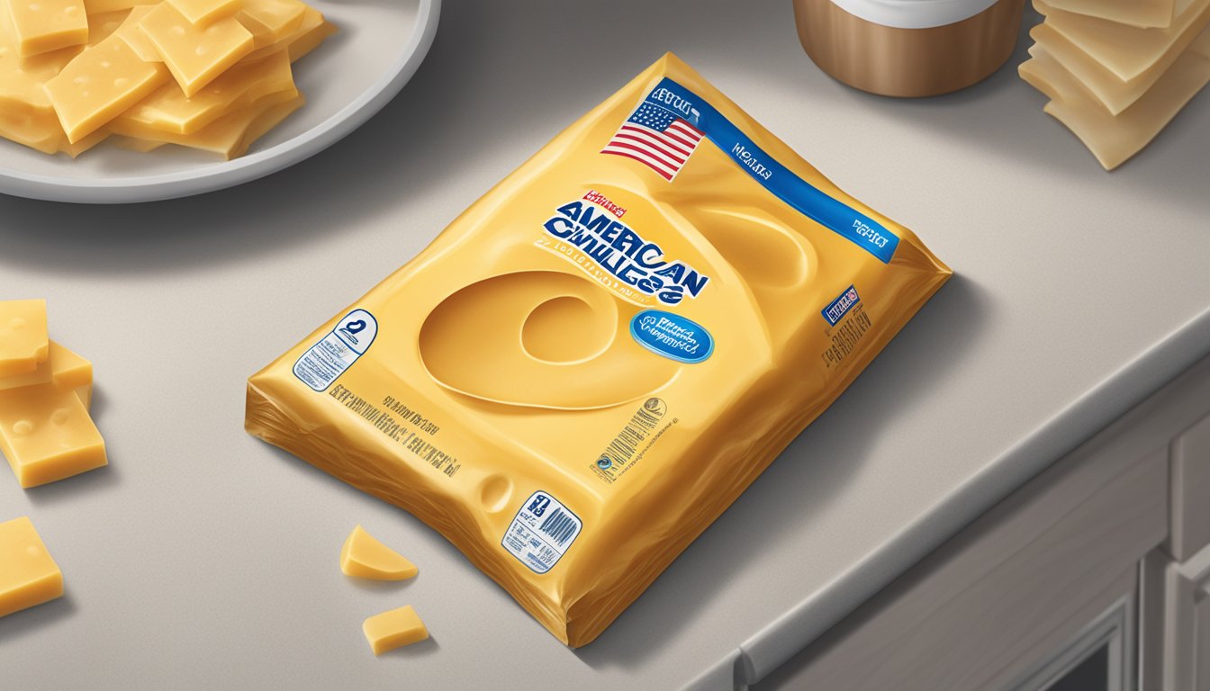 An open package of expired Kraft American cheese singles on a kitchen counter, with a question mark above it