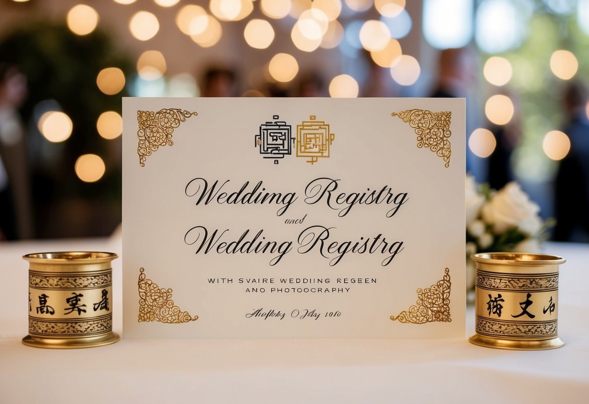 A wedding registry with two names written in elegant calligraphy on a decorative card, surrounded by symbols of cultural and personal significance