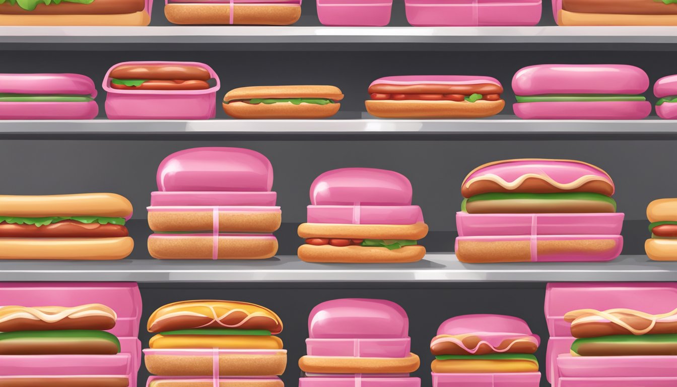 A refrigerator shelf filled with neatly arranged packages of pink Armour hot dogs