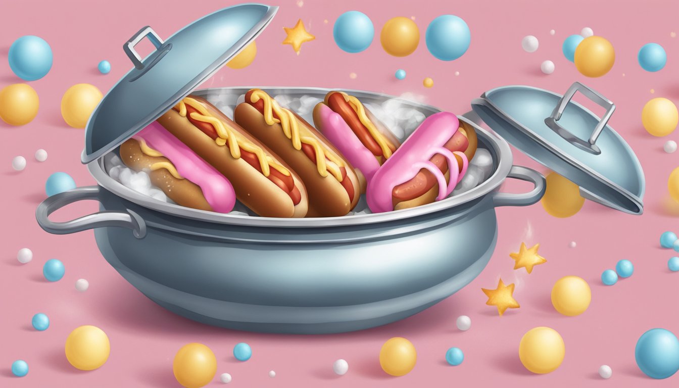 A pot of boiling water with pink Armour hot dogs inside