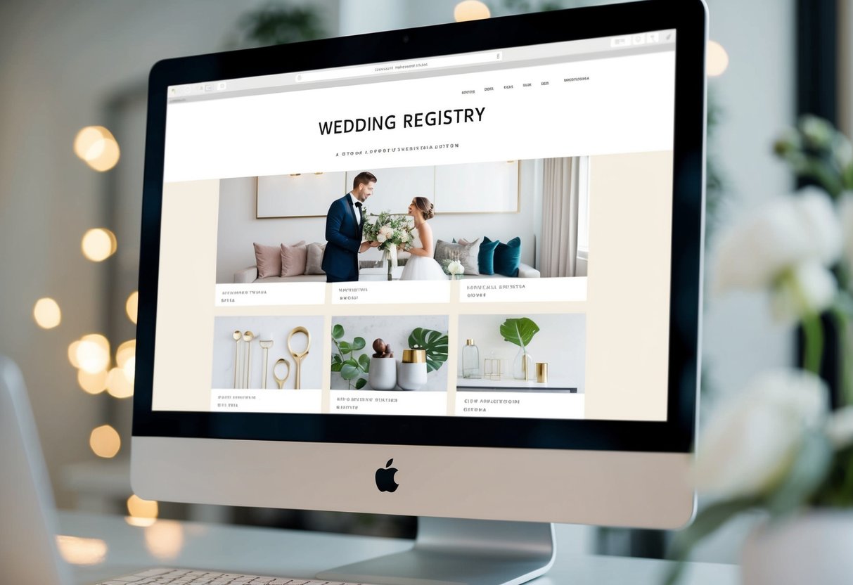 A computer screen with a wedding registry webpage open, showing options for monetary gifts and a sleek, modern design