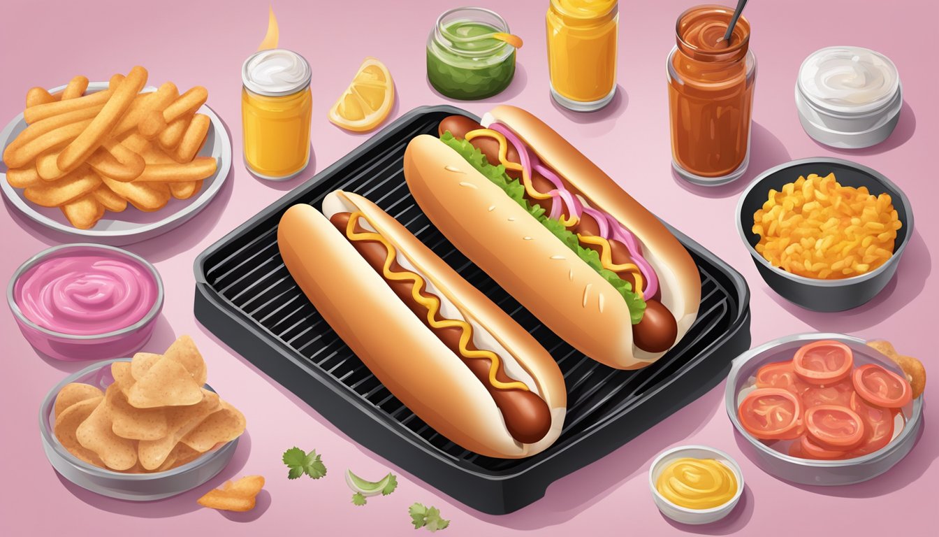 A sizzling hot dog on a grill, emitting a pinkish hue, surrounded by condiments and buns