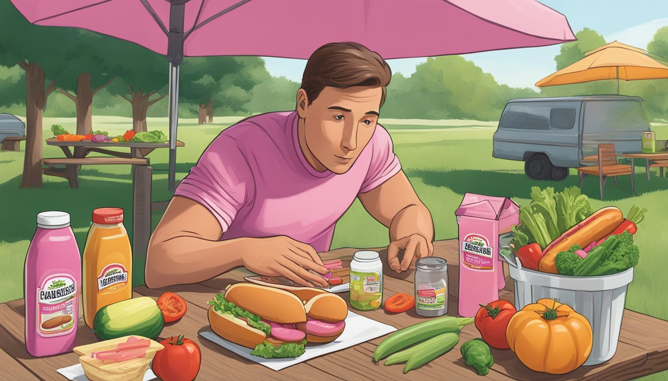 A picnic table with an open package of pink Armour hot dogs, surrounded by fresh vegetables and condiments, with a concerned person reading the ingredients label