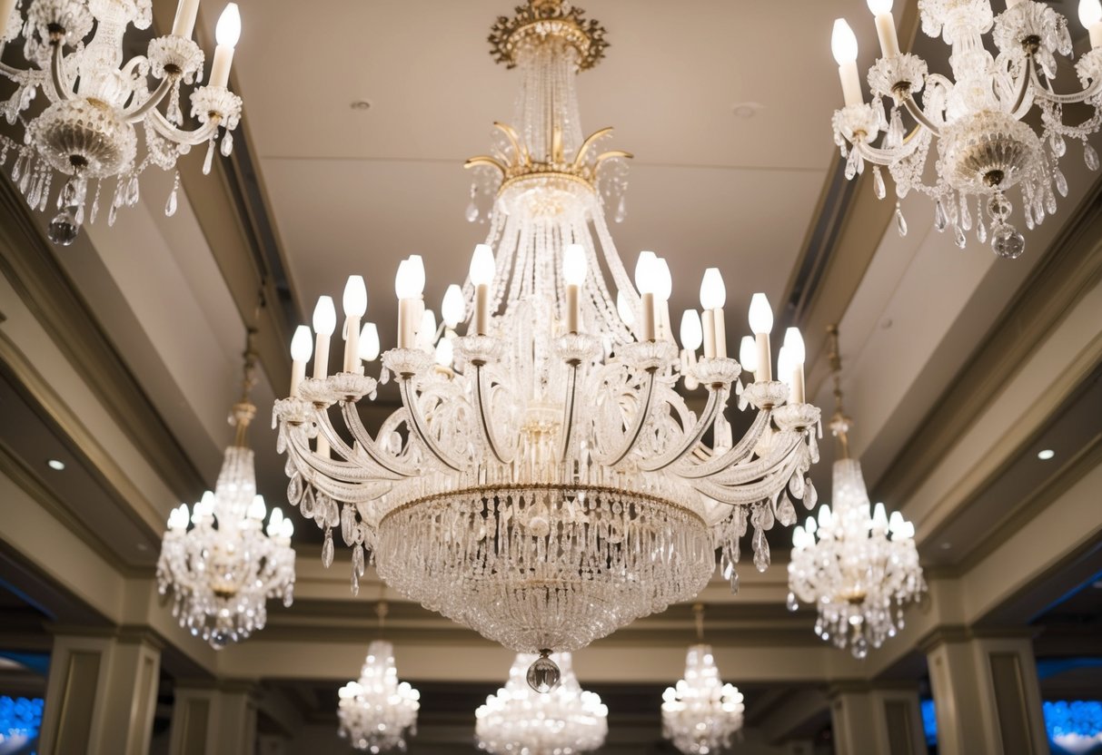 A grand, ornate chandelier hanging from a high ceiling in a lavish wedding venue